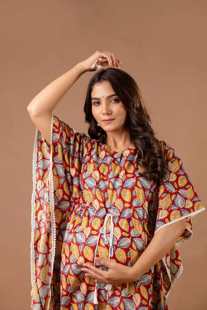 Leafy Red Maternity And Nursing Kaftan