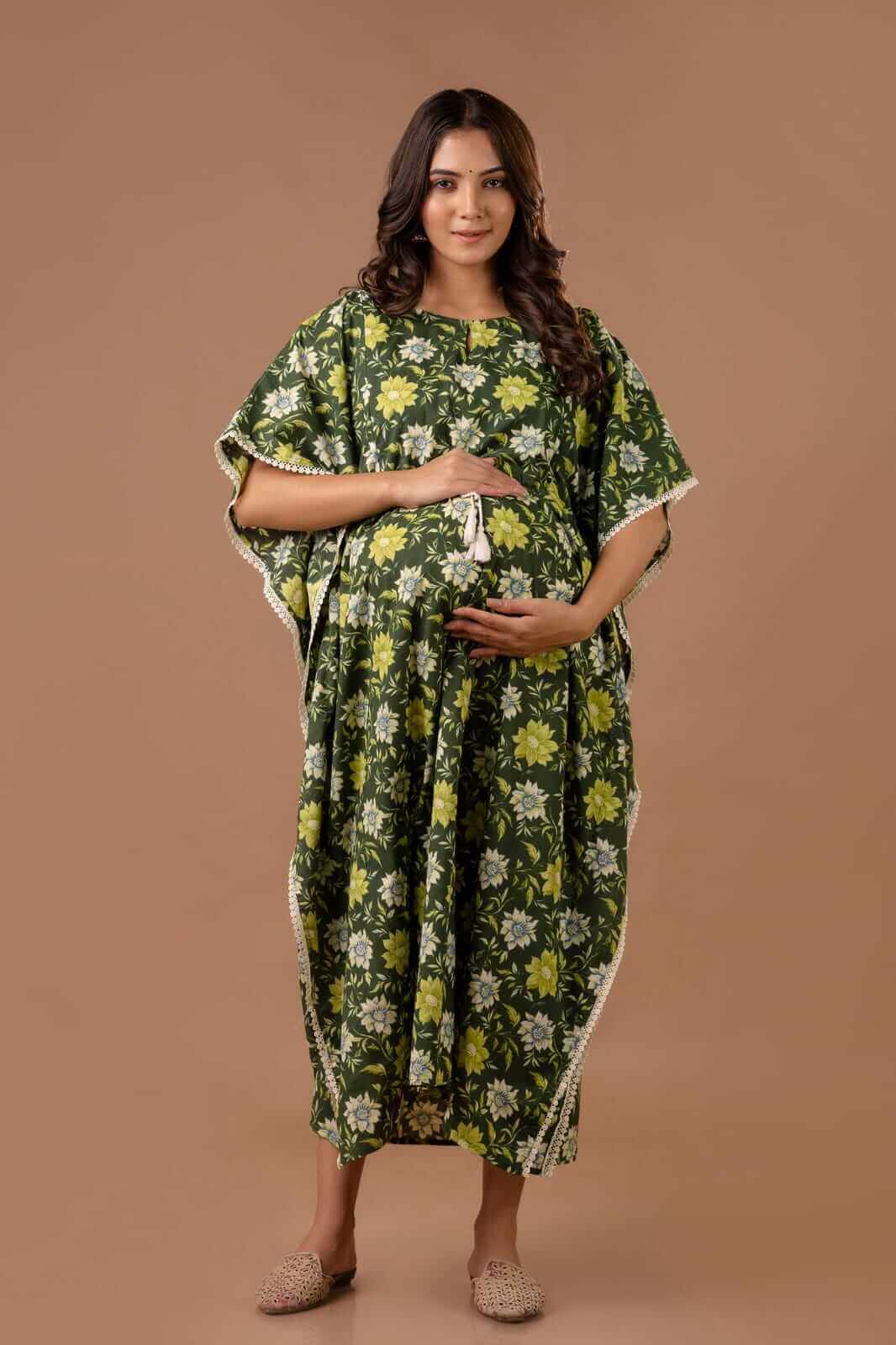 Bottle Green Floral Maternity And Nursing Kaftan