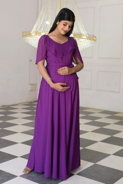 Maternity And Nursing Sweet Heart Purple Dress With Detachable Trail