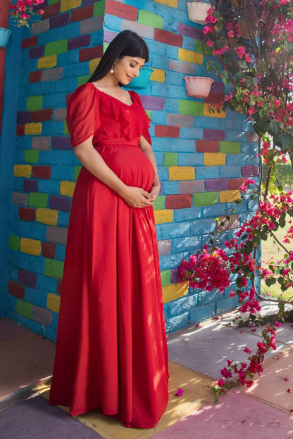 Maternity And Nursing Red Sweet Heart Dress With Detachable Trail