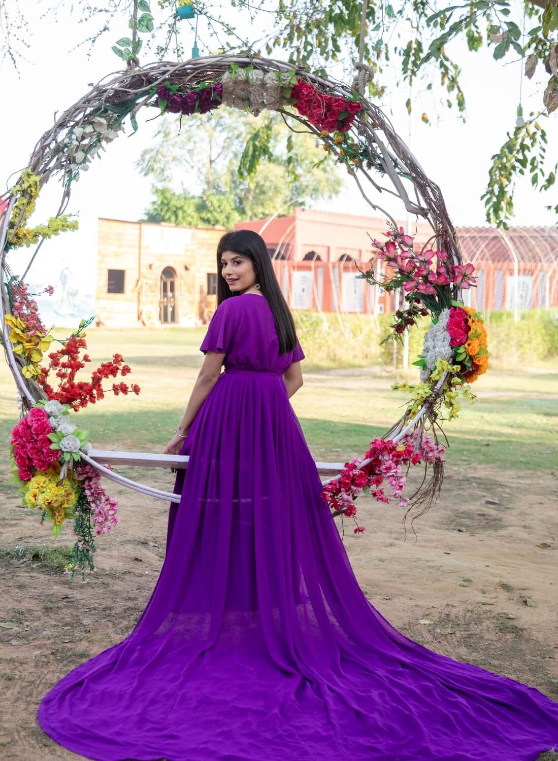 Purple Drape Maternity Dress With Detachable Trail