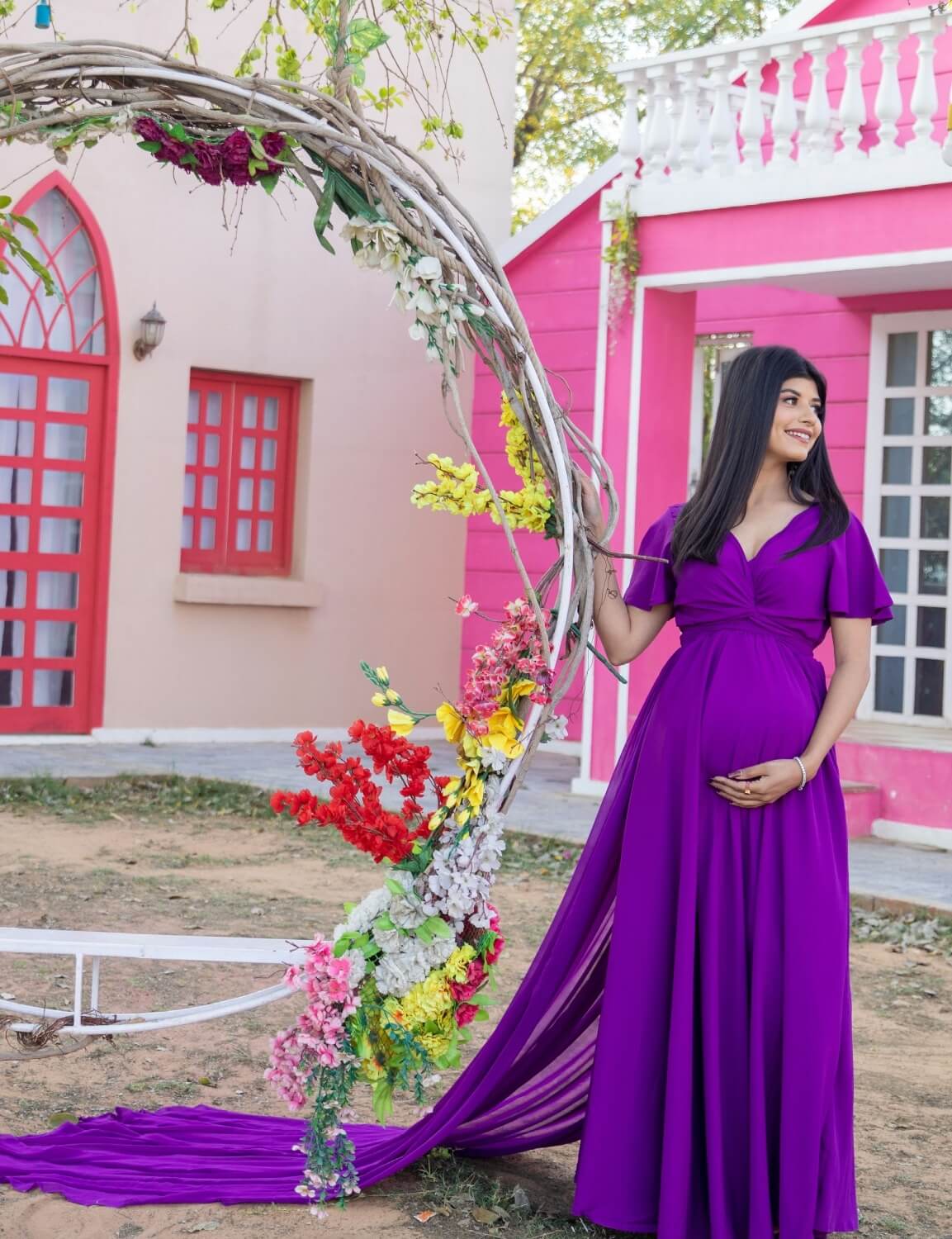 Purple Drape Maternity Dress With Detachable Trail