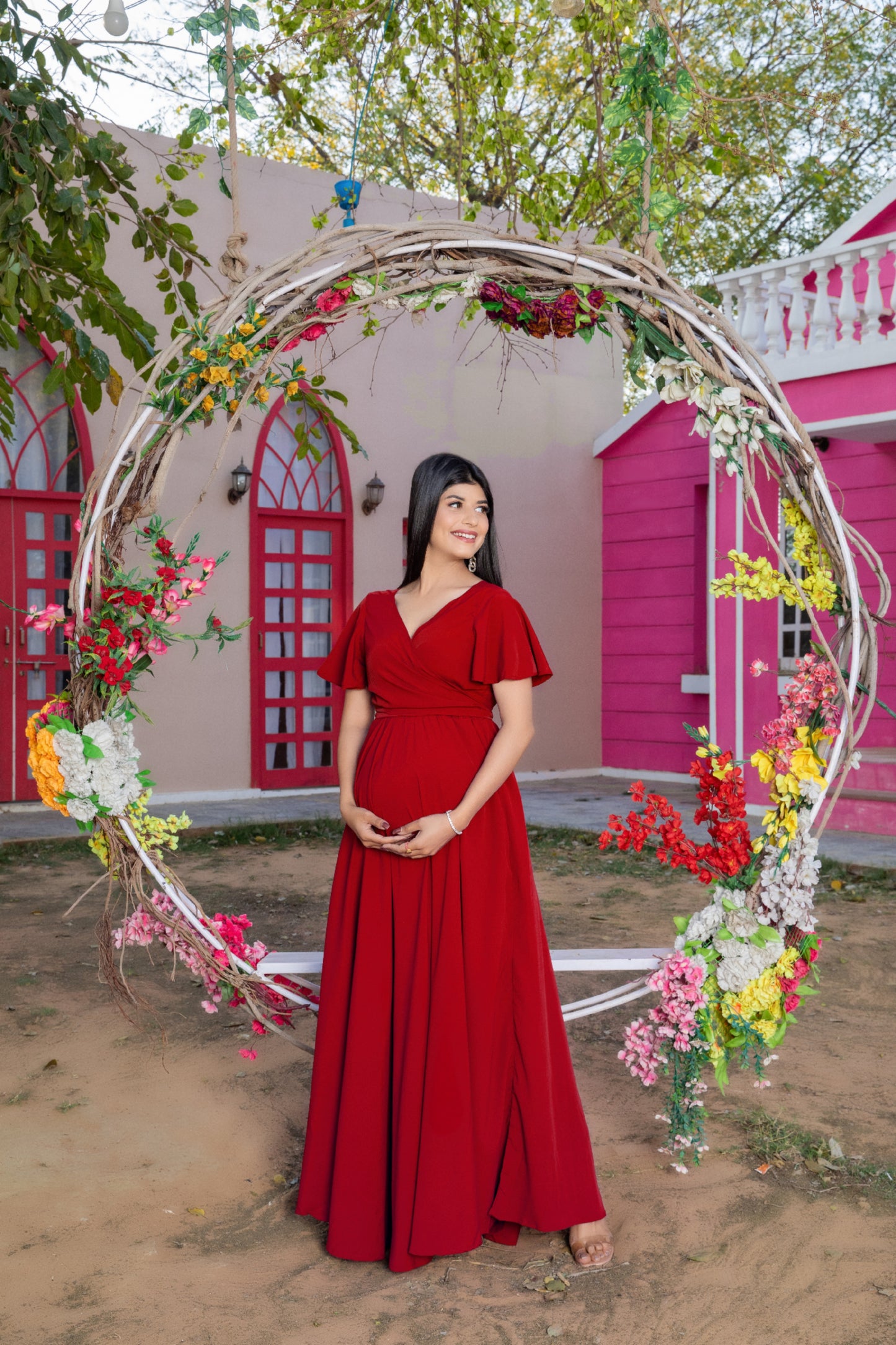 Red Drape Maternity Dress With Detachable Trail