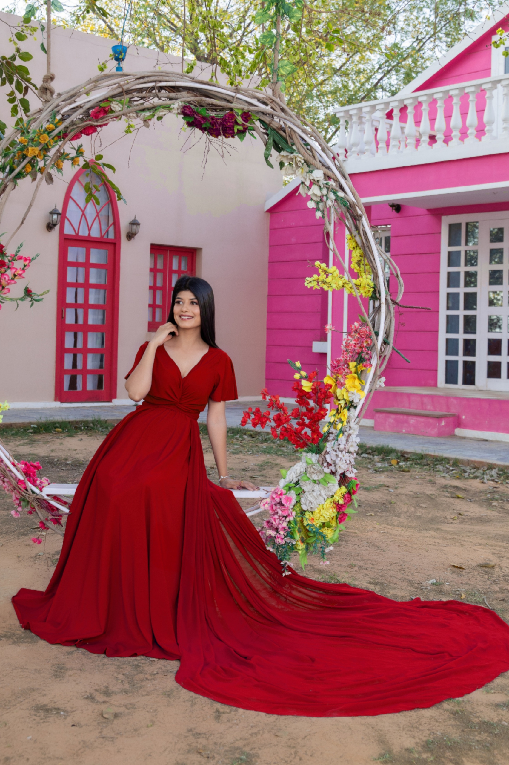 Red Drape Maternity Dress With Detachable Trail