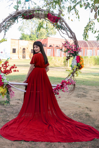 Red Drape Maternity Dress With Detachable Trail